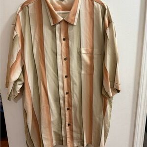 Tommy Bahama Men's 100% Silk Brown/Peach‎ Stripe Button Up Short Sleeve Shirt